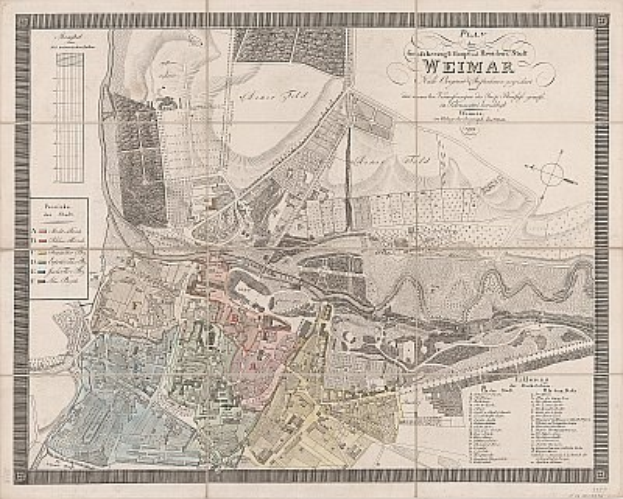 Ausführliche alte Karte von Weimar, Deutschland, mit Straßen, Gebäuden und Sehenswürdigkeiten sowie zusätzlichem Text über die Bevölkerung und bemerkenswerte Merkmale.