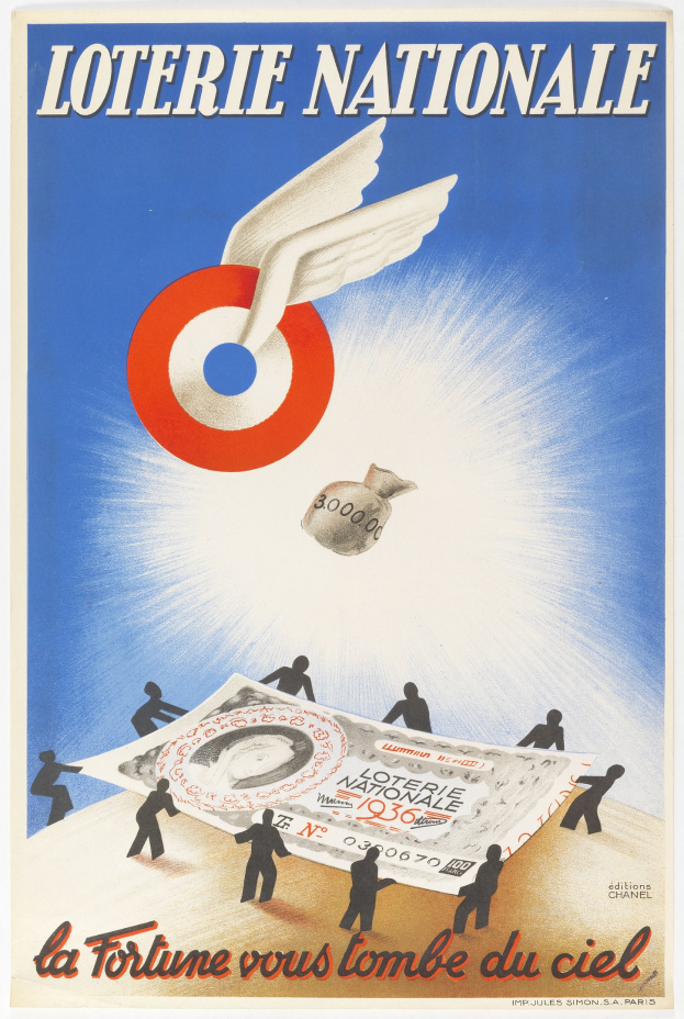 Plakat für eine nationale Lotterie mit einer Illustration eines Vogels, der über einen Geldstapel fliegt, mit Werbetext.