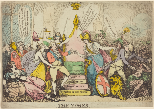 Eine Karikatur eines Mannes mit Krone und Schwert, der eine Frau mit einem Schild und einem Löwen die Hand reicht, vor einer Menge, mit Text unten.