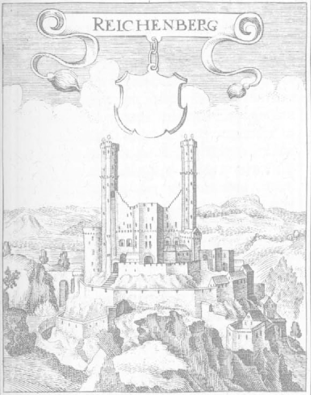 Schwarze und weiße Illustration von Schloss Reichenberg in Deutschland, umgeben von einem Feld mit Hügeln und Bäumen.