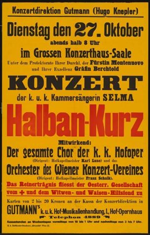 Gelbes Plakat, das ein Konzert mit dem Titel 'Konzert Halban-Kurz' in Berlin, Deutschland, ankündigt.