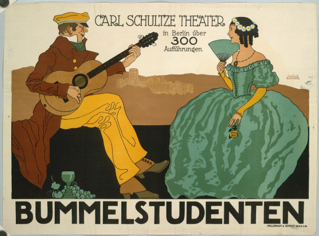 Ein Plakat f├╝r ein Konzert im Carl-Schulze-Theater in Berlin, Deutschland, mit einem Mann, der eine Gitarre spielt, und einer Frau, die einen F├╝cher h├Ąlt, mit Text auf dem Plakat.
