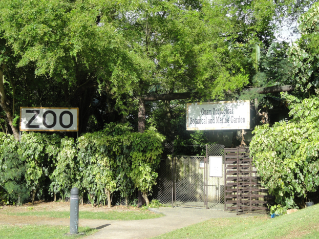 Eingang zu einem Zoo mit einem "Zoo"-Schild, Grünfläche, Bäumen, blauem Himmel, einem Vorderpfosten und einem Maschendrahtzaun im Hintergrund.