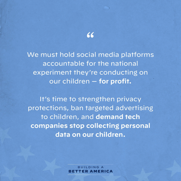 Plakat mit einem Zitat aus "Building a Better America", das die Auswirkungen von Social-Media-Plattformen auf Kinder kritisiert und mit Sternen verziert ist.