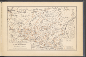 Ein aufgeschlagenes Buch mit einer detaillierten topografischen Karte der Tschechischen Republik, einschließlich Bergen, Flüssen, Wäldern und beschrifteten Städten und Dörfern.