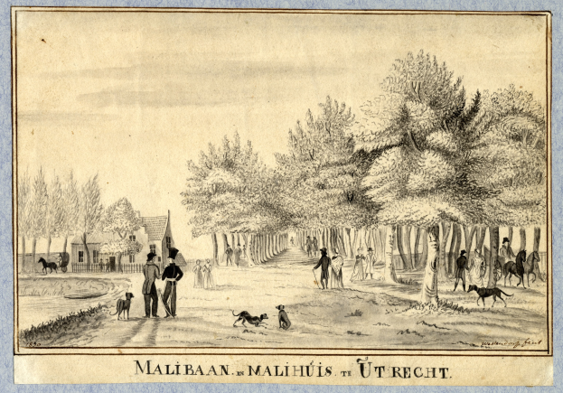 Eine Zeichnung eines Parks mit Menschen, die Hunde ausführen, Bäumen, Häusern und Text am unteren Rand.