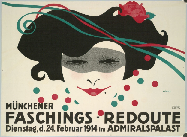 Ein Plakat für die Münchner Faschings-Redoute, das das Gesicht einer Frau mit einer Blume im Haar zeigt und Text über das Ereignis enthält.