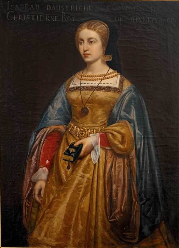 Gemälde von Isabella daustriche in einem goldenen Kleid mit detailreichen Verzierungen, Haar zu einem Dutt gebunden, majestätisch und würdevoll aussehend mit einem seren expression, von Christierne Roy.