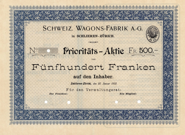 Blau umrandetes altes deutsches Wertpapier mit Text "Schweiz Wagons-Fabrik A.G."