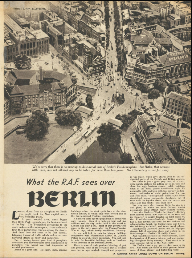 Alte Zeitung mit Schwarz-Weiß-Fotografie einer Stadtlandschaft mit Gebäuden, Bäumen und Fahrzeugen sowie Begleittext.