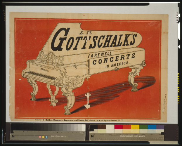 Ein Plakat für Gott'schalk's Abschiedskonzerte in Amerika, das ein großes Klavier mit Text darauf und Farbskalen unten zeigt.