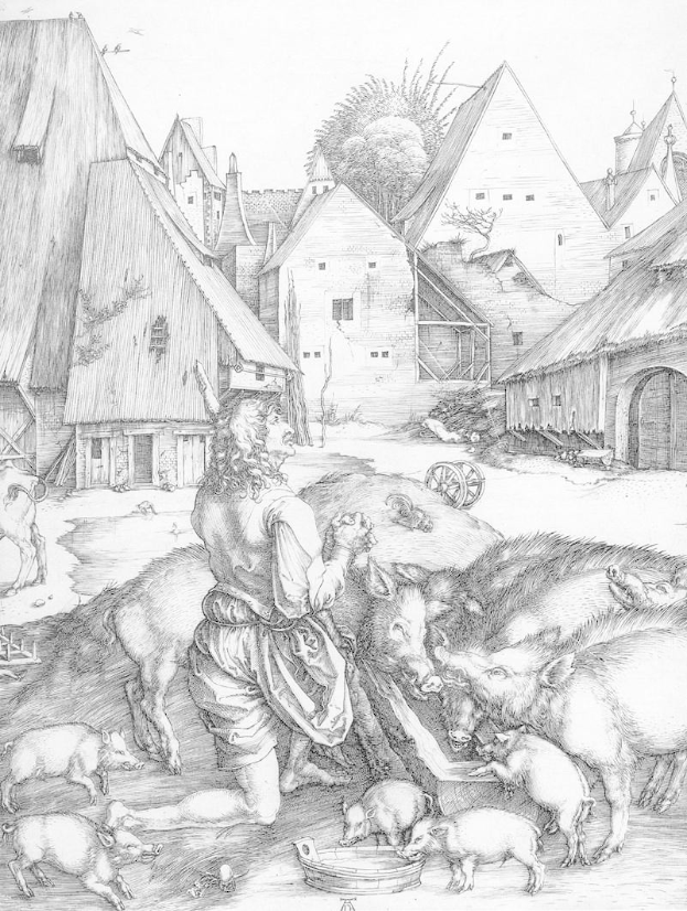 Eine 17. Jahrhundert Schwarz-Weiß-Radierung von Albrecht Dürer, die einen Mann zeigt, der Schweine in einem Dorf füttert, mit Häusern, Bäumen und einem Wagen im Hintergrund.