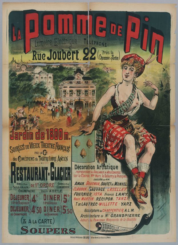 Alte Ankündigung für ein pomme de pin-Event in Paris, das eine Frau in einem Kilt zeigt, umgeben von Menschen, Bäumen und Gebäuden mit Text.