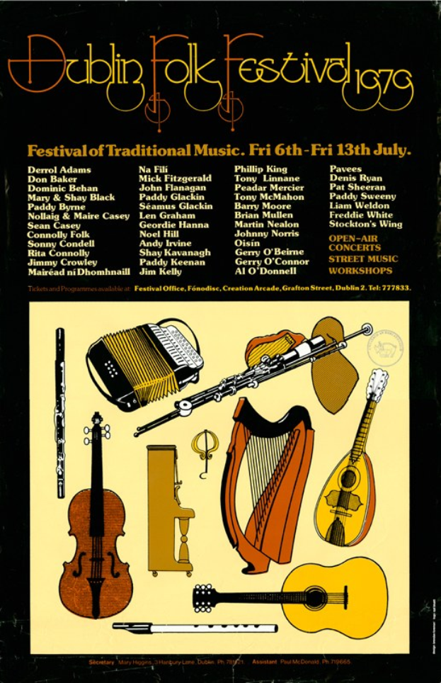 Ein Plakat für das Dublin Folk Festival 1975 mit einer Gitarre, Harfe, Flöte und einem Schlagzeug, mit Texten, die Informationen zum Festival bereitstellen.