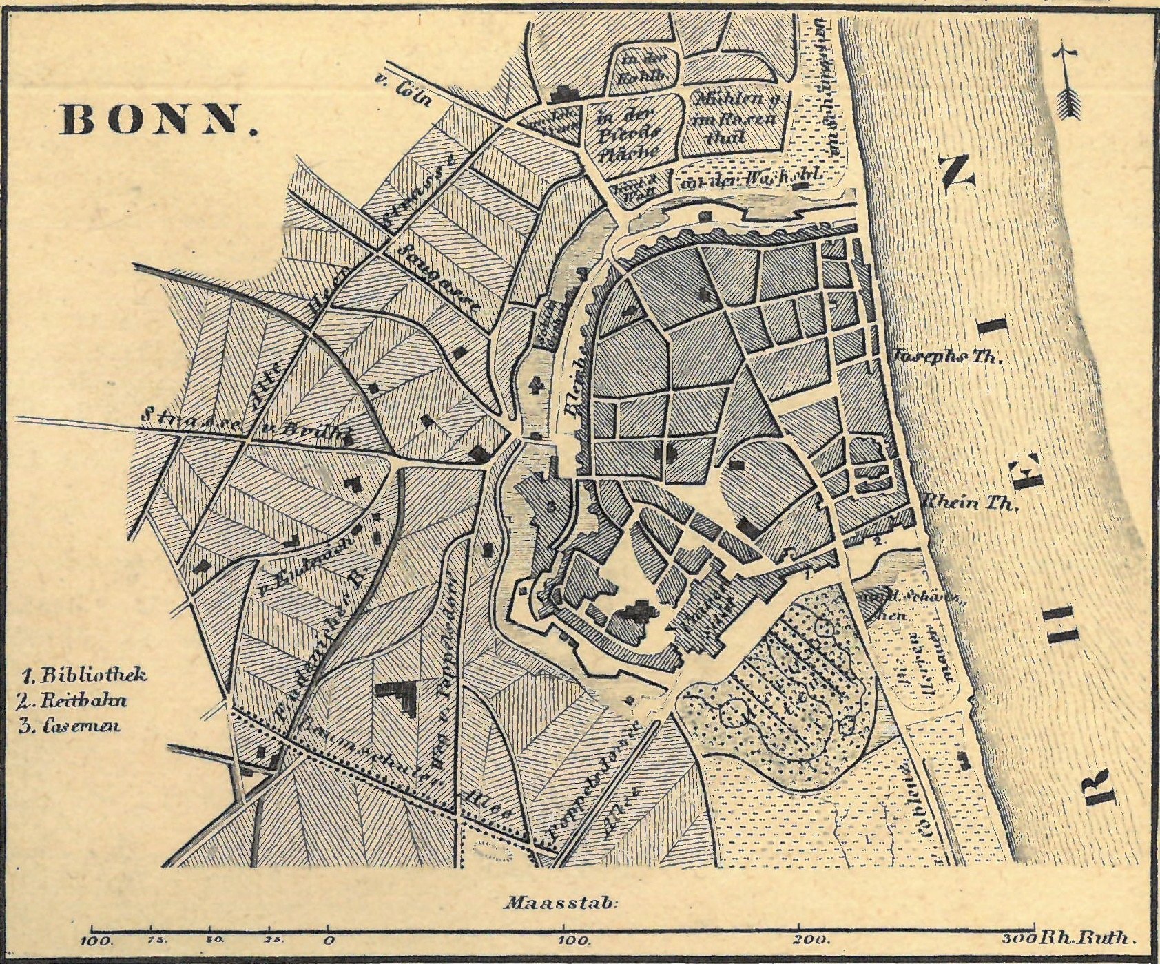 Detailierte alte Karte von Bonn, Deutschland, zeigt Straßen, Gebäude und Sehenswürdigkeiten mit Textbeschriftungen.