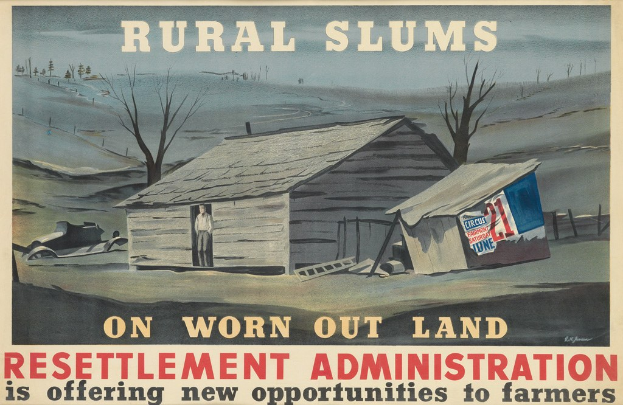 Plakat mit der Aufschrift "Ländliche Slums auf abgenutztem Land" bewirbt Umsiedlungsmöglichkeiten für Farmer und zeigt eine Illustration einer Person vor einem Haus mit Bäumen.