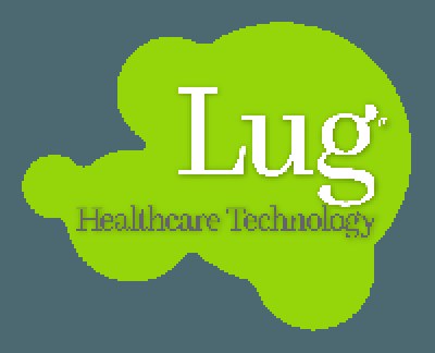 Logo von Lug Healthcare Technology, das mutige schwarze Schrift in der Mitte eines weißen Hintergrunds zeigt, umgeben von einem blauen Kreis mit weißer Umrandung.