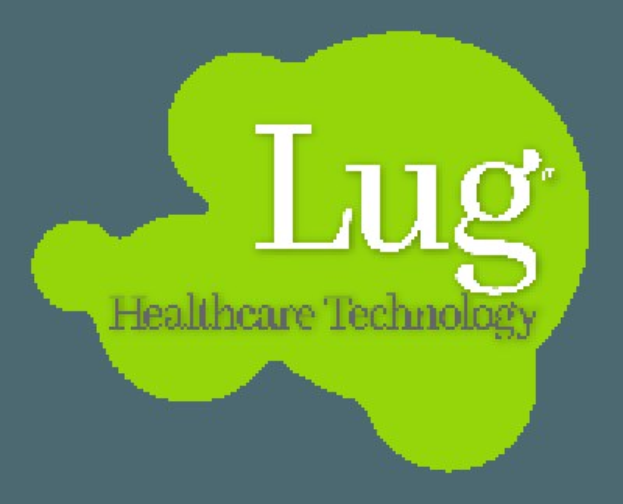 Logo von Lug Healthcare Technology, das mutige schwarze Schrift in der Mitte eines weißen Hintergrunds zeigt, umgeben von einem blauen Kreis mit weißer Umrandung.
