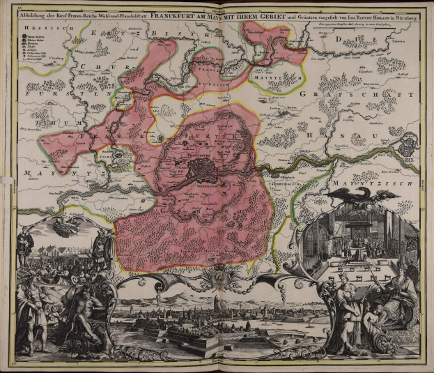 Ein offenes altes Buch mit einer vintage-Karte von Deutschland in der Mitte, umgeben von Illustrationen und Text.