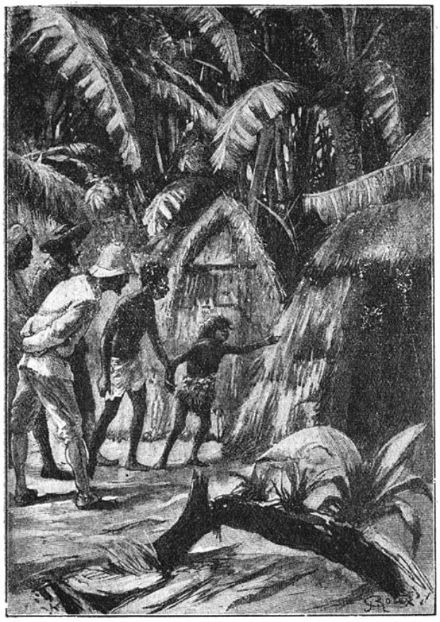Eine Schwarz-Weiß-Illustration einer Gruppe von Menschen in traditioneller Kleidung, die in einem Kreis in einem Dschungel stehen, mit hohen, saftigen Bäumen, kleinen rustikalen Hütten und einem tiefblauen Himmel mit vereinzelten weißen Wolken im Hintergrund; der Text unten lautet "Die Geschichte des Dschungels".