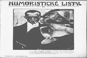 Schwarze und weiße Magazinüberschrift 'Humoristische Liste' mit einem Mann im Anzug mit ernstem Gesichtsausdruck und einer Frau, die schmunzelnd wegsieht.