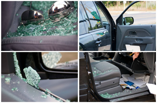Eine Collage aus vier Bildern: Goggles auf gebrochenem Glas, eine Seitenansicht eines Autos, ein gebrochenes Autofenster und ein Autositz voller Glasscherben.