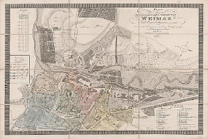 Detailreiches altes Stadtplan von Weimar, Deutschland, zeigt Straßen, Gebäude und Sehenswürdigkeiten mit zusätzlichem Text über die Bevölkerung und bemerkenswerte Merkmale.