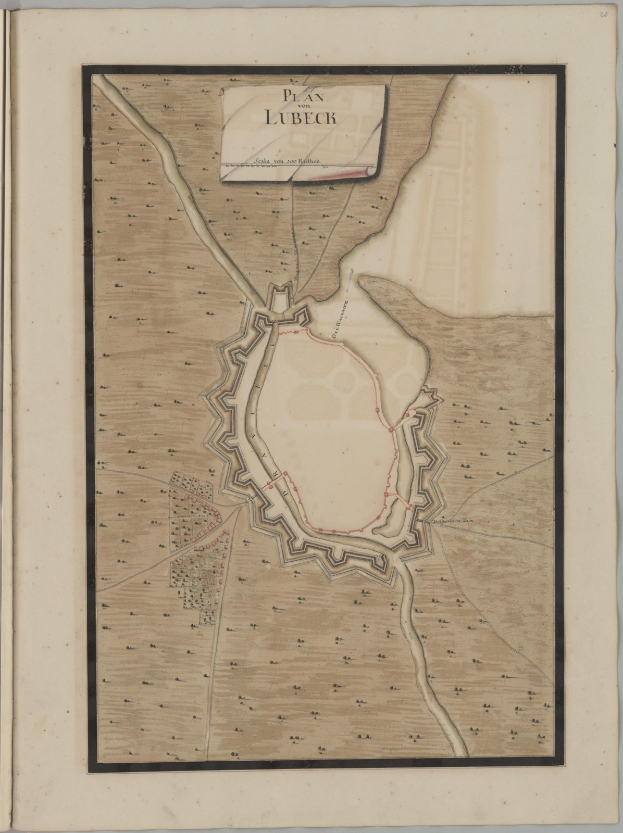Altes Buch mit detaillierter Karte von Lübeck, Deutschland, das Straßen, Gebäude und Sehenswürdigkeiten zeigt und von Texten über die Bevölkerung, Geschichte und Kultur der Stadt begleitet wird.
