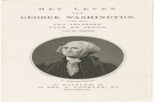 Porträt von George Washington auf Papier mit Text, der nach vorne schaut und einen ernsten Ausdruck hat, trägt Anzug und Krawatte, zurückgekämmtes Haar sichtbar.