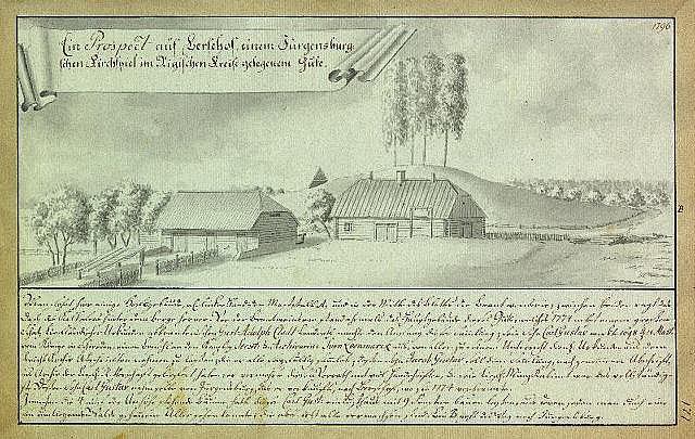 Ein verblichenes Dokument mit der Aufschrift "Surgensburg, Deutschland - Landschaft eines Hofes" mit einer zentralen Hofillustration umgeben von Häusern, Bäumen und einem Himmel.