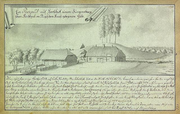 Ein verblichenes Dokument mit der Aufschrift "Surgensburg, Deutschland - Landschaft eines Hofes" mit einer zentralen Hofillustration umgeben von Häusern, Bäumen und einem Himmel.
