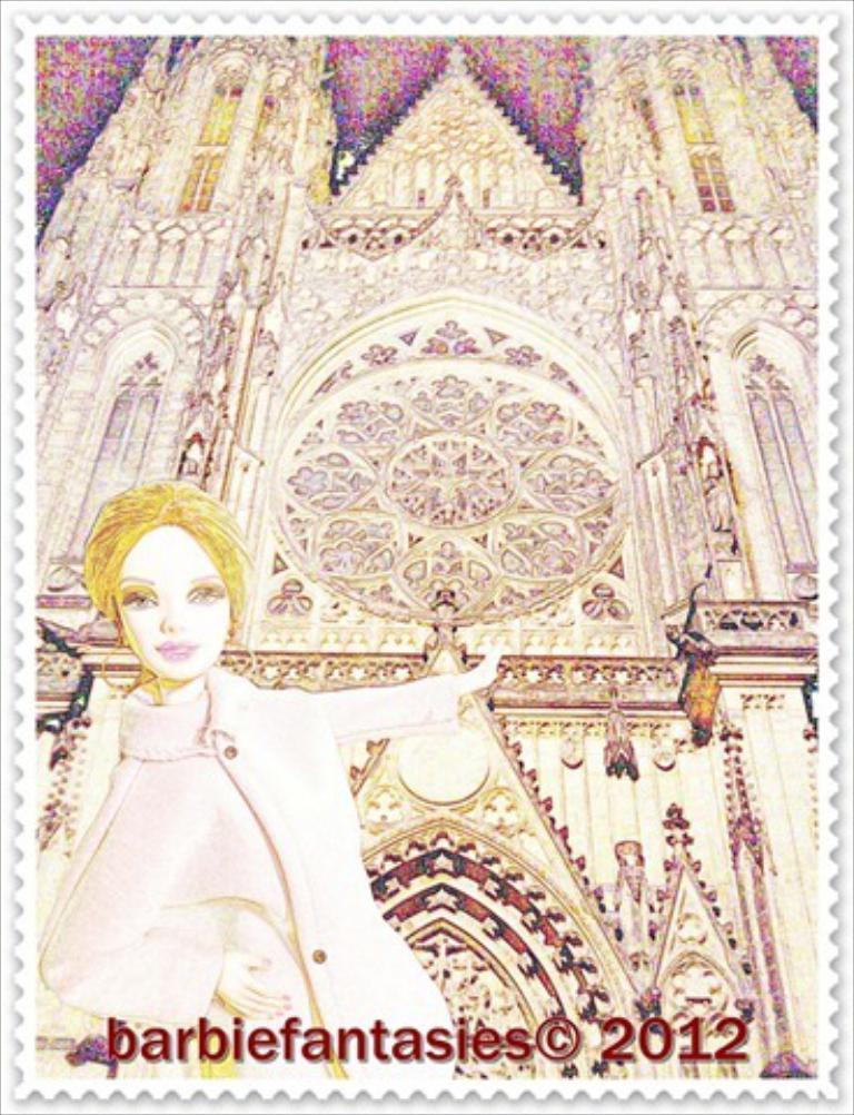 Eine Briefmarke mit einer Frau, einem Gebäude und etwas Text.