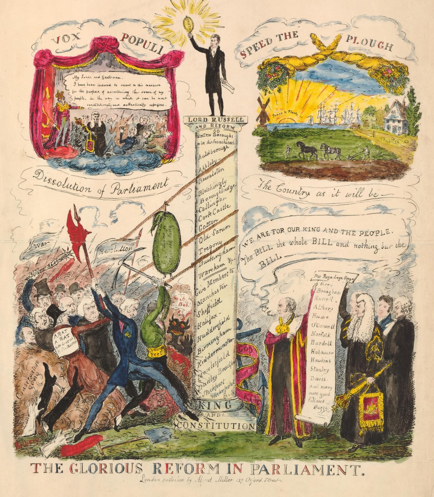 Ein bunt illustrierter Dokument mit dem Titel "Die glorreichen Reform im Parlament" mit fetter Schrift und Bilder von verschiedenen, fröhlich aussehenden Menschen, die Fortschritt und Hoffnung symbolisieren.