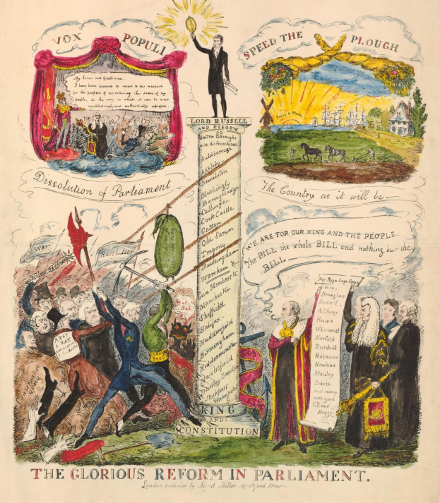 Ein bunt illustrierter Dokument mit dem Titel "Die glorreichen Reform im Parlament" mit fetter Schrift und Bilder von verschiedenen, fröhlich aussehenden Menschen, die Fortschritt und Hoffnung symbolisieren.