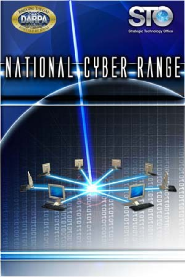 Plakat mit 'National Cyber Range' in fetter weißer Schrift auf blauem Hintergrund, das eine Weltkugel mit mehreren angeschlossenen Computern zeigt.