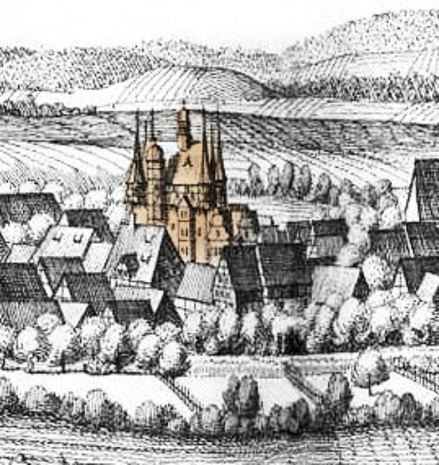 Schwarz-weiß-Zeichnung einer kleinen Stadt mit einer zentral gelegenen Kirche, umgeben von Bäumen und Hügeln, mit dem Text "Gothic Architecture in Germany" unten.