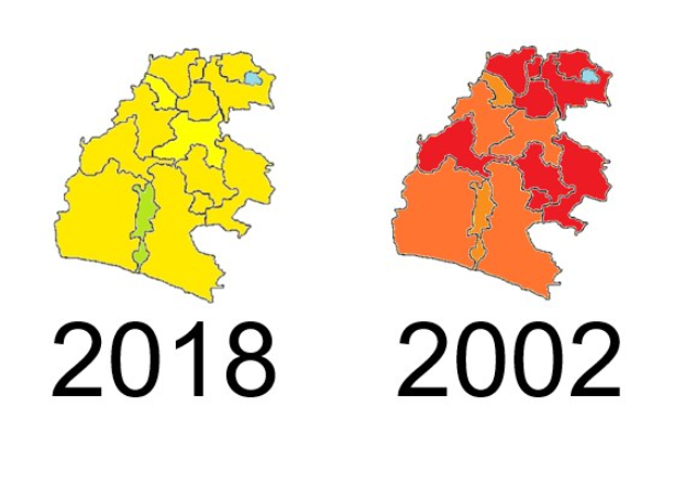 Eine weiße Deutschlandkarte mit 2018 und 2002 Provinzen, die in Gelb, Rot und Orange hervorgehoben sind, und etwas Text im Hintergrund.