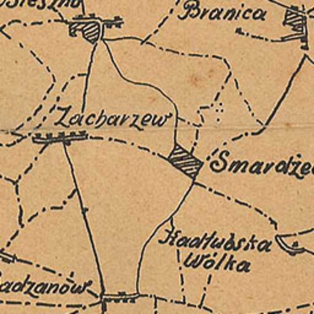 Ein detaillierter alter Stadtplan von Zacharzew, Polen, der Straßen, Gebäude, Sehenswürdigkeiten und Text mit Informationen zur Bevölkerung, Straßen und Sehenswürdigkeiten zeigt.
