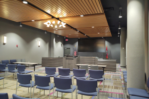 Ein großer Konferenzraum mit blauen Stühlen in Reihen angeordnet, ein Podium in der Mitte, zwei Flaggen auf jeder Seite, eine Wand im Hintergrund, Deckenbeleuchtung und eine Säule auf der rechten Seite.