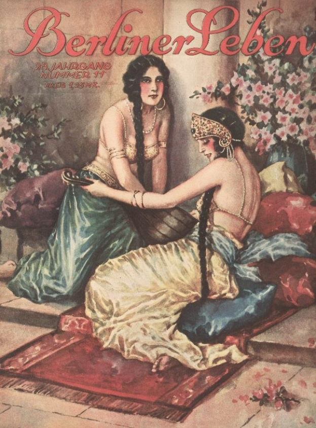 Plakat mit zwei Frauen auf einem Bett umgeben von Kissen und Pflanzen mit Blumen aus der Oktoberausgabe 1931 des Berliner Leben Magazins.