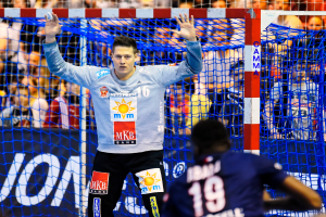 Ein Handballspieler steht vor einem Tor mit erhobenen Händen, umgeben von Zuschauern, mit einem "Futsal-Weltmeisterschaft 2019"-Banner und einem Netz im Vordergrund.