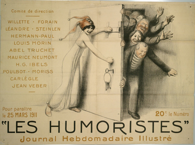Ein Plakat an einer Gebäudewand mit einer Gruppe lachender, fröhlicher Menschen und der Schrift 'Les Humoristes Journal Hebdomadaire Illustré' in fetter Schrift oben.