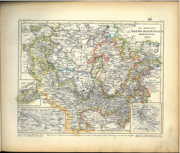 Ein altes Buch mit einer detaillierten Karte von Deutschland, das Provinzen und Städte hervorhebt, mit begleitendem Text, der zusätzliche Informationen bietet.