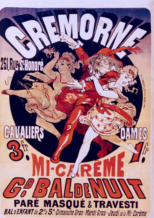 Ein Karnevalsplakat mit Menschen in bunten Kostümen, die in einem Kreis auf einem hellgelben Hintergrund stehen, mit der Schrift "Cremorne" in fetter schwarzer Schrift.