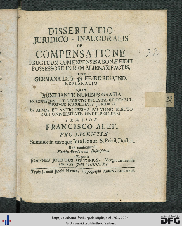 Ein offenes Buch mit dem Titel "Dissertation Juridico - Inauguralis de Compensation" in schwarzer Schrift auf weißem Hintergrund, eingerahmt von einem schmalen schwarzen Rand.