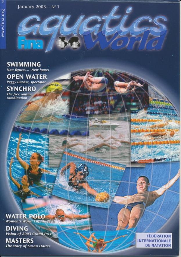 Titelbild der Januarausgabe 2003 des Aquatics FINA World Magazins, das synchronisierte Schwimmer in Bewegung unter einem hellblauen Himmel zeigt, mit dem Magazintitel in fetter weißer Schrift oben.