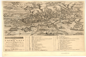 Ein detaillierter alter Stadtplan von Magdeburg, Deutschland, der Straßen, Gebäude, Sehenswürdigkeiten und Text enthält, der Informationen über die Bevölkerung, Sehenswürdigkeiten und Straßen der Stadt bereitstellt.