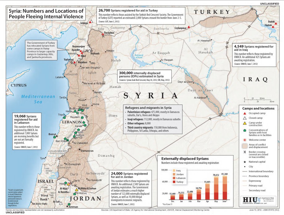 Ein Plakat mit einer Karte von Syrien mit Daten zu internal vertriebenen Menschen aufgrund von Gewalt neben begleitendem Text und Diagrammen.