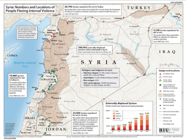 Ein Plakat mit einer Karte von Syrien mit Daten zu internal vertriebenen Menschen aufgrund von Gewalt neben begleitendem Text und Diagrammen.