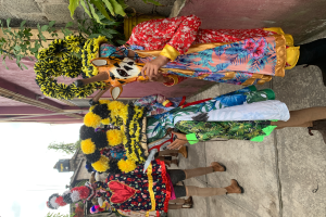 Eine Gruppe von Menschen in farbenfrohen Kostümen steht zusammen vor einem Gebäude, hält verschiedene Gegenstände, mit Bäumen, Gebäuden und einem klaren blauen Himmel im Hintergrund während eines Karnevalsumzugs.